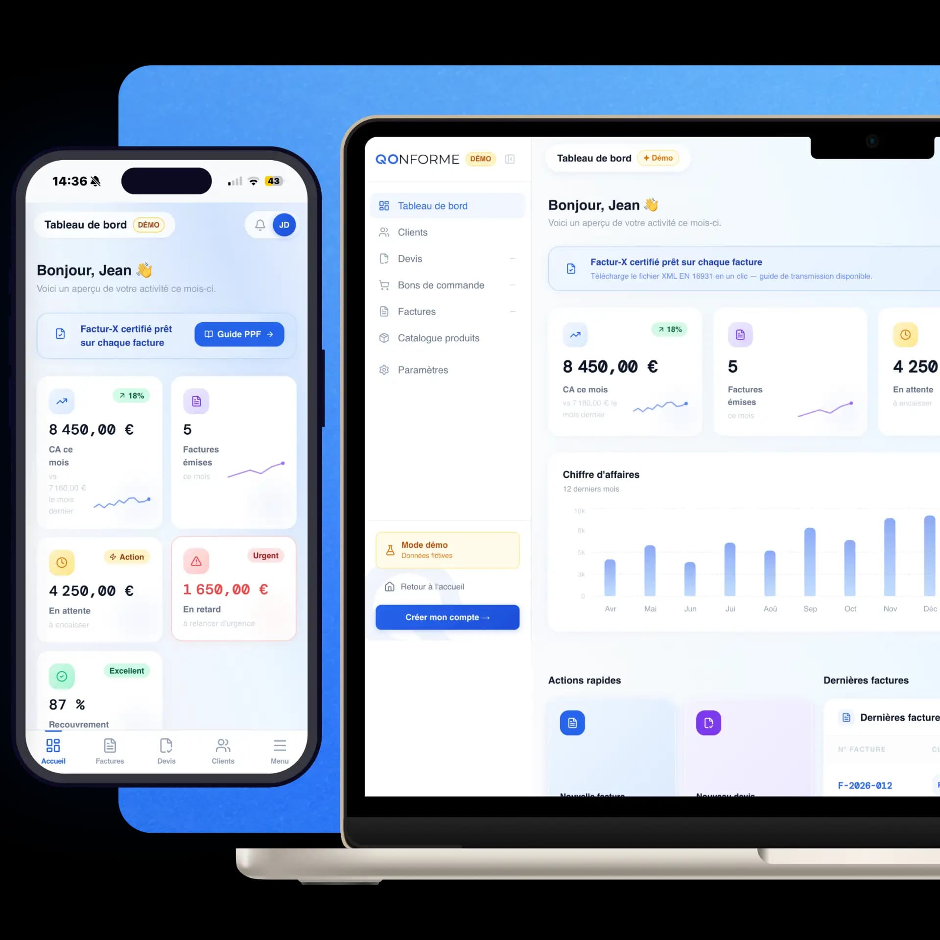 Qonforme — facturation sur mobile et desktop